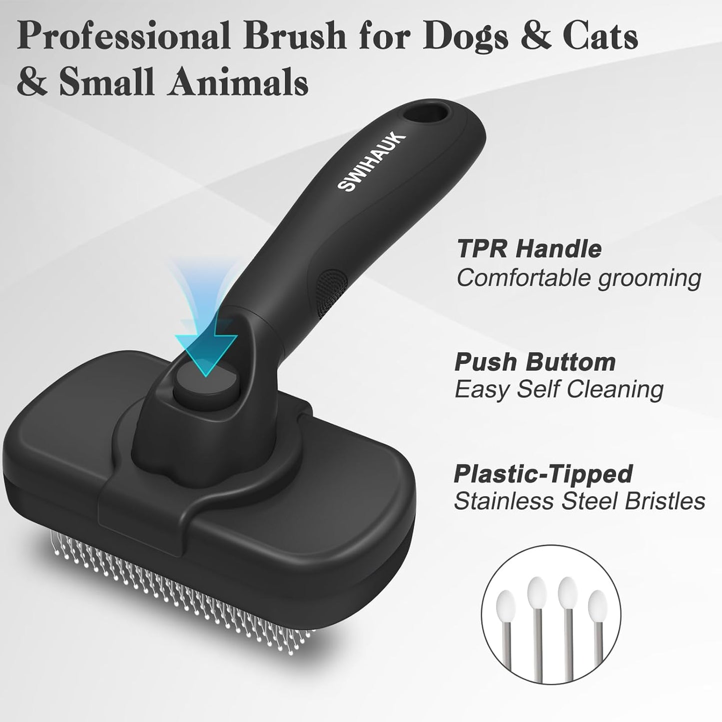 Self-Cleaning Slicker Brush for Dogs and Cats - Ergonomic, Skin-Friendly Grooming Tool for Effortless Deshedding and Fur Removal in Black