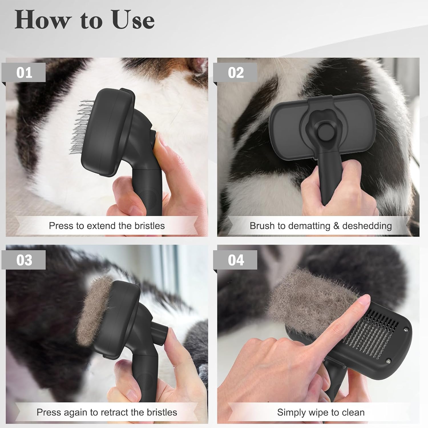 Self-Cleaning Slicker Brush for Dogs and Cats - Ergonomic, Skin-Friendly Grooming Tool for Effortless Deshedding and Fur Removal in Black