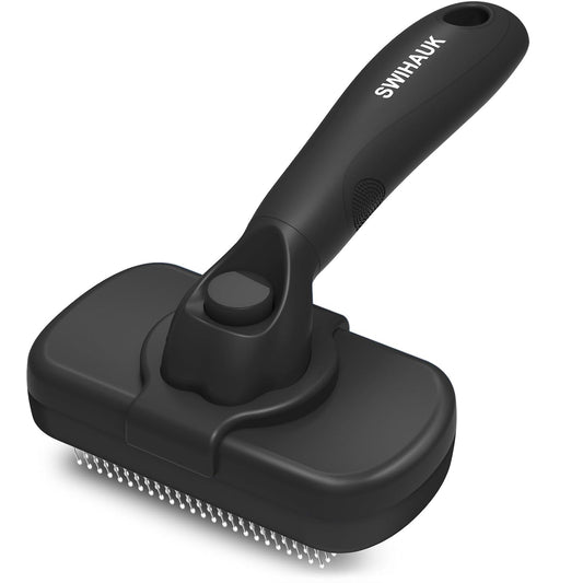 Self-Cleaning Slicker Brush for Dogs and Cats - Ergonomic, Skin-Friendly Grooming Tool for Effortless Deshedding and Fur Removal in Black